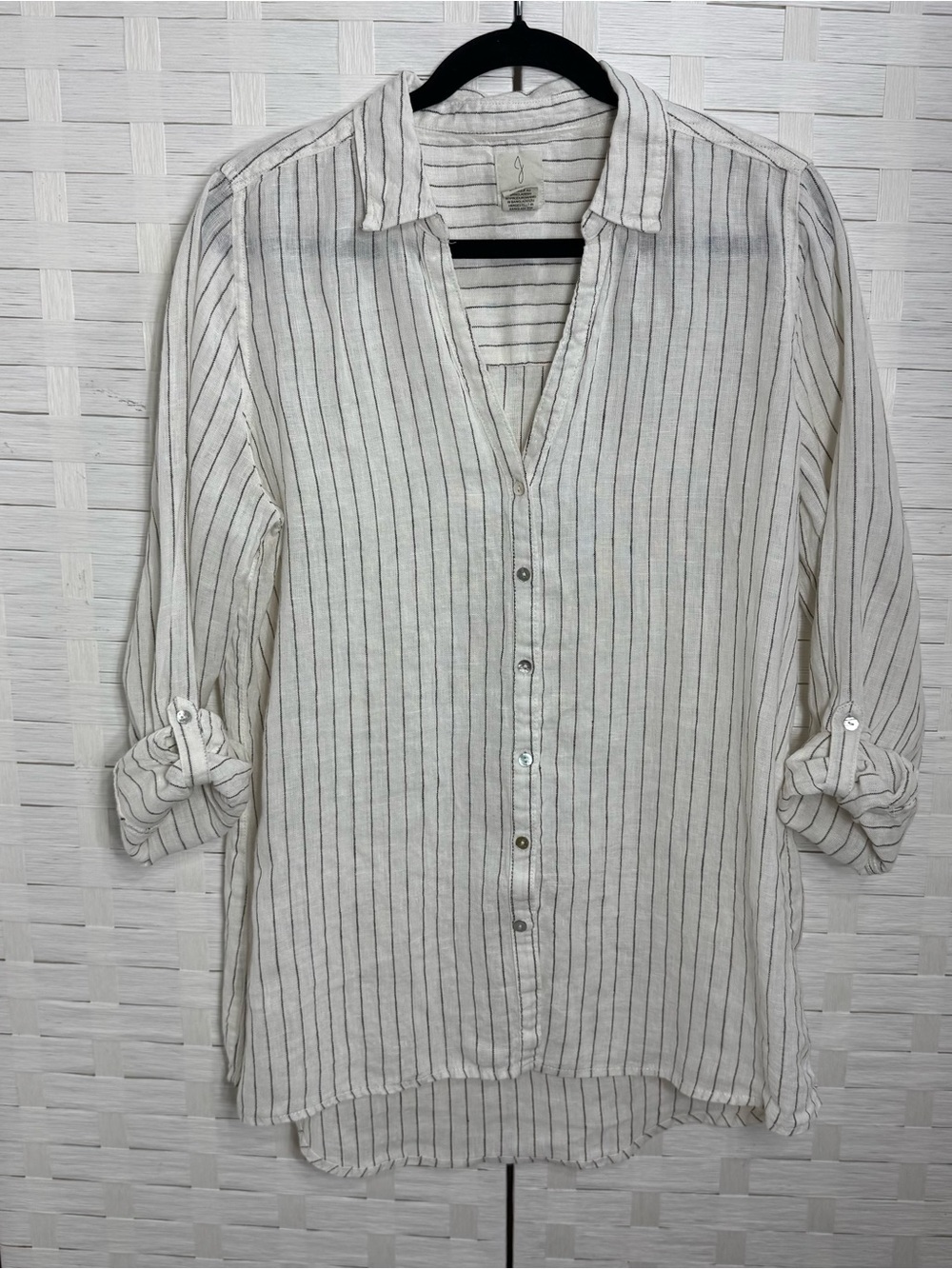 Joie Women’s Large Cream Brown Striped Linen Top Button Roll Up Sleeve - Picture 2 of 9